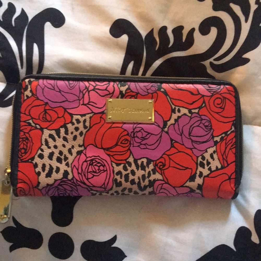 Betsey Johnson Floral Rose Leopard Print Zip Wallet in Red, Pink, Purple, Black